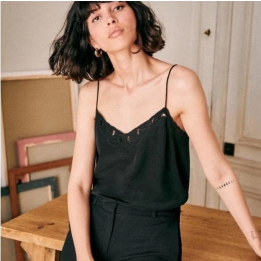 Sezane Paloma Black Silk Lace-Edge Camisole